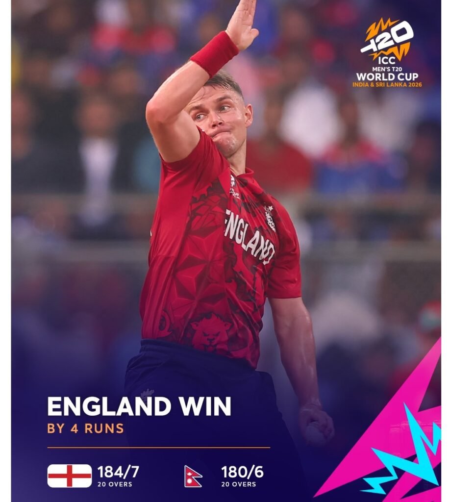 Mumbai: England defeated Nepal by 4 runs in a thrilling T20 World Cup match.