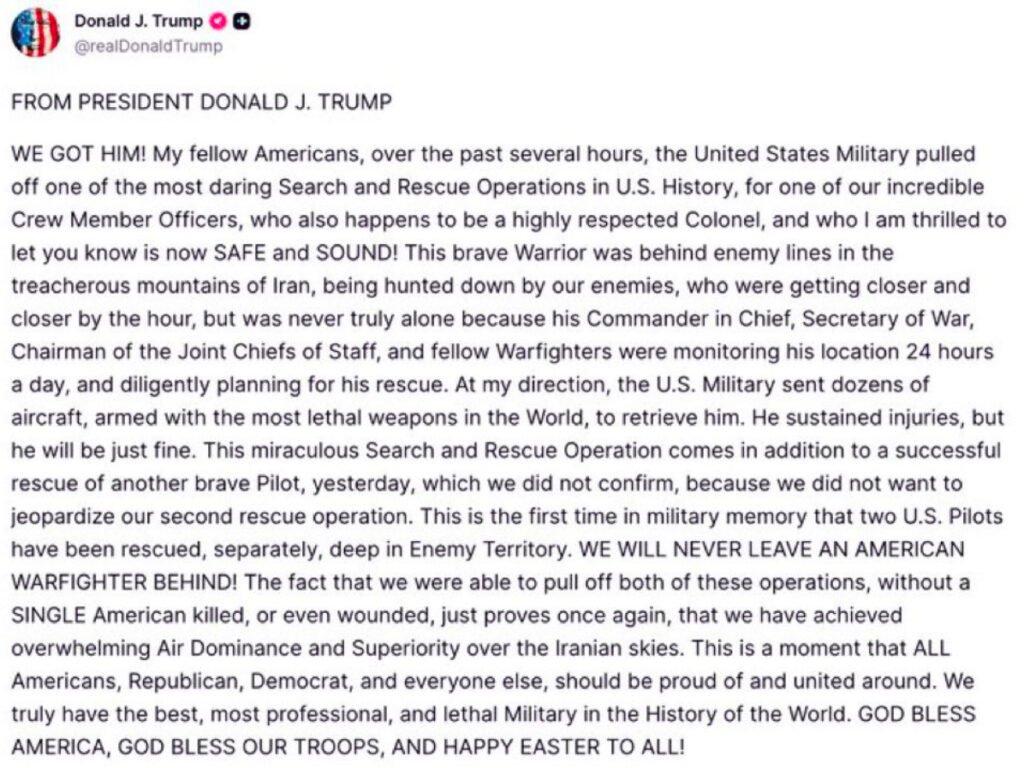 Washington: US Safely Rescues Missing Pilot from Iran; Trump Declares, "We Found Him"