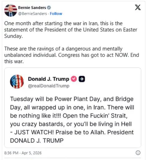 Washington: Bernie Sanders Slams Trump's Statement—Calls It 'Dangerous and Unbalanced'