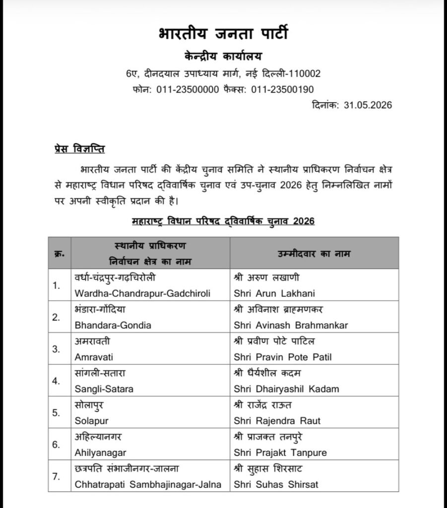 New Delhi: BJP Releases List of 10 Candidates for Maharashtra Legislative Council Elections